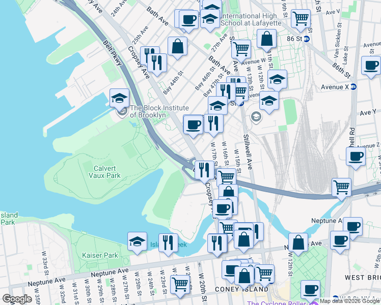 map of restaurants, bars, coffee shops, grocery stores, and more near 2821-2825 Cropsey Avenue in Brooklyn