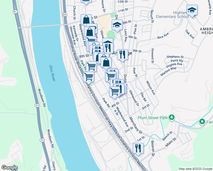 map of restaurants, bars, coffee shops, grocery stores, and more near 532 Maplewood Ave in Ambridge