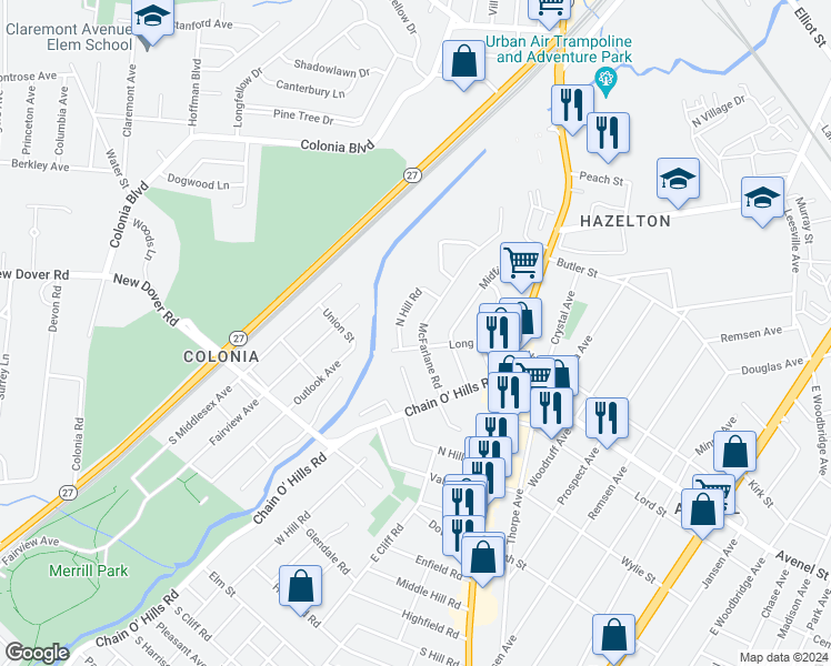 map of restaurants, bars, coffee shops, grocery stores, and more near 169 McFarlane Road in Woodbridge Township