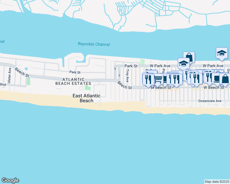 map of restaurants, bars, coffee shops, grocery stores, and more near 29 Malone Avenue in East Atlantic Beach
