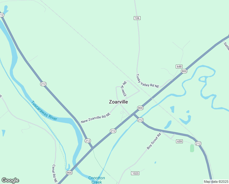 map of restaurants, bars, coffee shops, grocery stores, and more near 7414 Main Street Northeast in Zoarville