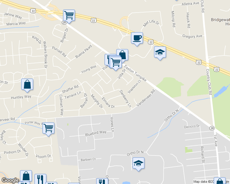 map of restaurants, bars, coffee shops, grocery stores, and more near 25 Danberry Lane in Bridgewater