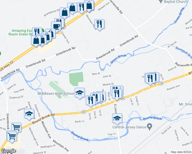 map of restaurants, bars, coffee shops, grocery stores, and more near 429 1st Street in Middlesex