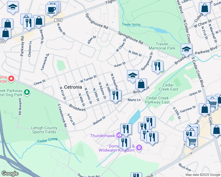 map of restaurants, bars, coffee shops, grocery stores, and more near 31 North 38th Street in Allentown