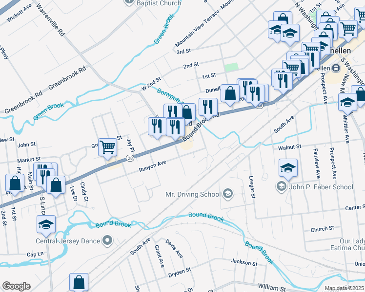 map of restaurants, bars, coffee shops, grocery stores, and more near 136 Bound Brook Road in Middlesex