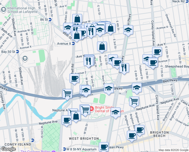 map of restaurants, bars, coffee shops, grocery stores, and more near 2631 West 2nd Street in Brooklyn
