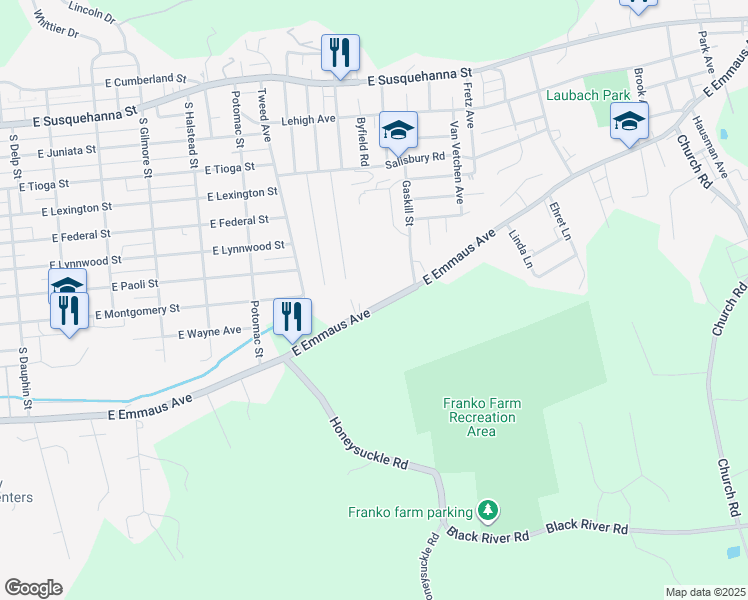 map of restaurants, bars, coffee shops, grocery stores, and more near 1131 East Emmaus Avenue in Allentown
