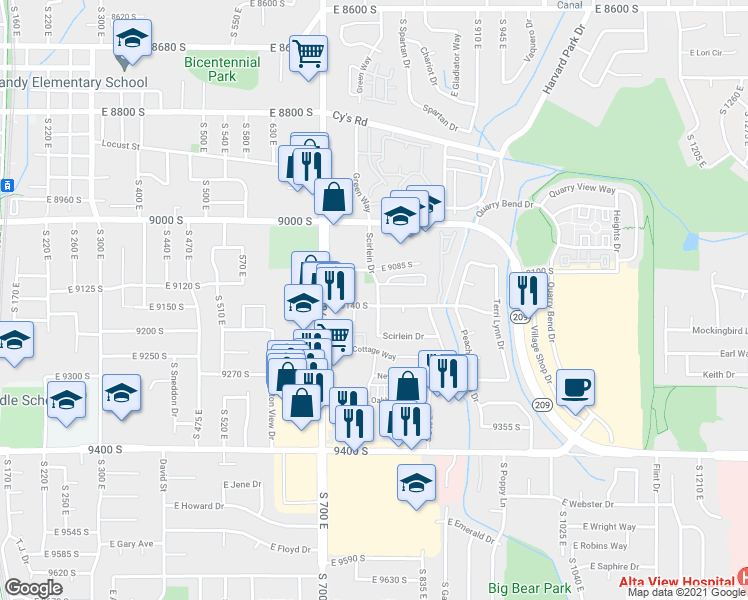 map of restaurants, bars, coffee shops, grocery stores, and more near 9130 Scirlein Drive in Sandy