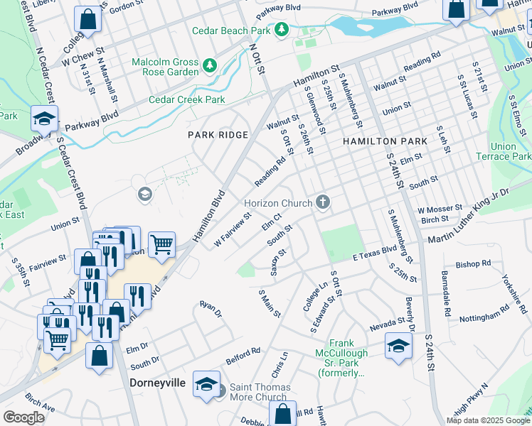 map of restaurants, bars, coffee shops, grocery stores, and more near 302 College Drive in Allentown