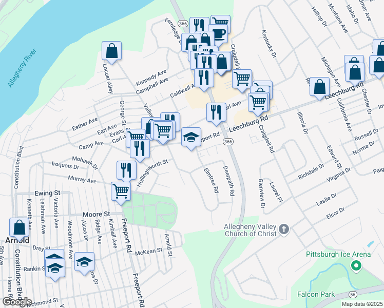 map of restaurants, bars, coffee shops, grocery stores, and more near 110 Elmtree Road in New Kensington