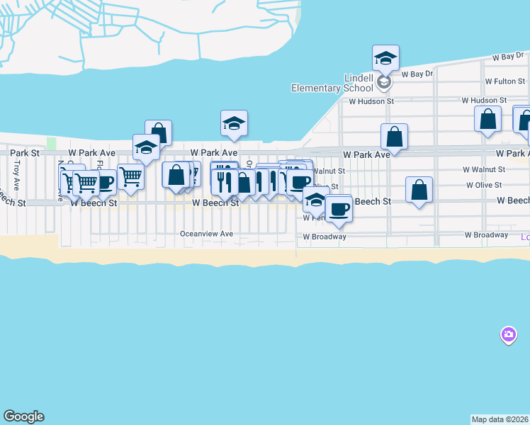 map of restaurants, bars, coffee shops, grocery stores, and more near 45 Nebraska Street in Long Beach