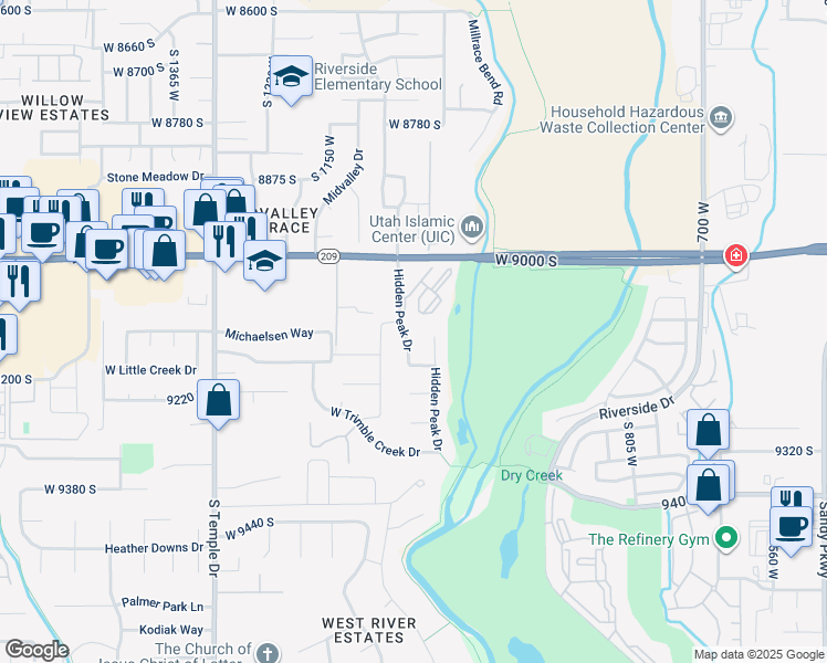 map of restaurants, bars, coffee shops, grocery stores, and more near 9121 Hidden Peak Drive in West Jordan
