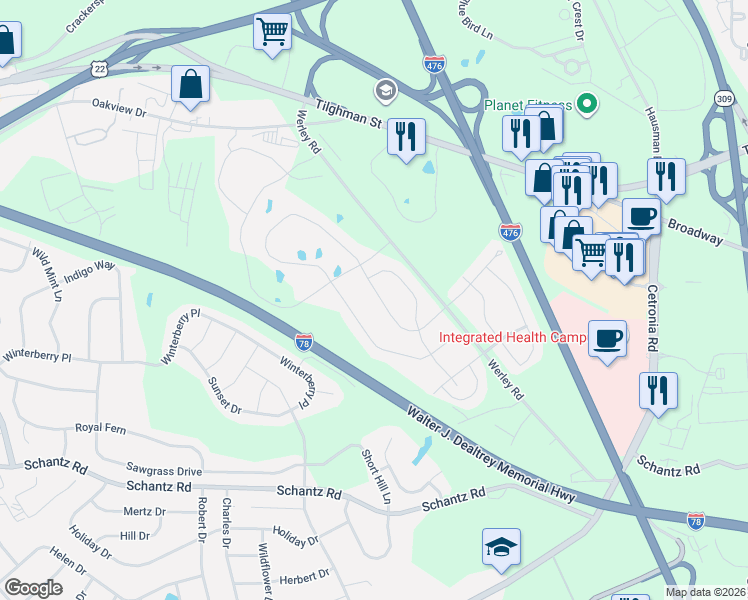 map of restaurants, bars, coffee shops, grocery stores, and more near 359 Redclover Lane in Allentown