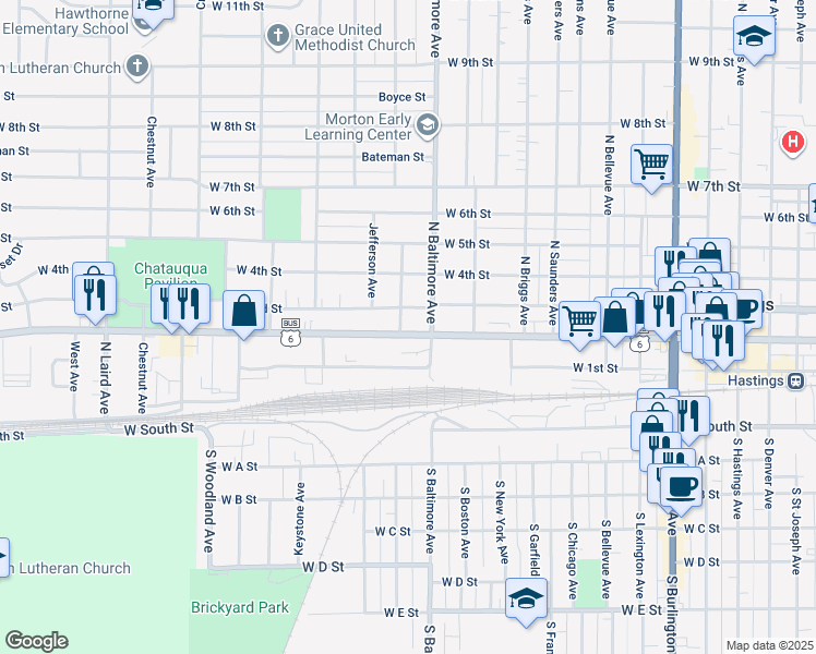 map of restaurants, bars, coffee shops, grocery stores, and more near 1518 West 2nd Street in Hastings