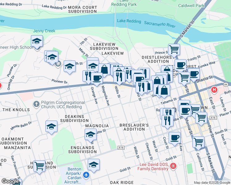 map of restaurants, bars, coffee shops, grocery stores, and more near 1186 Willis Street in Redding