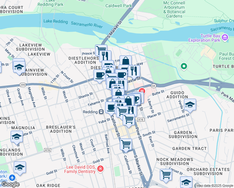 map of restaurants, bars, coffee shops, grocery stores, and more near 1365 Market Street in Redding
