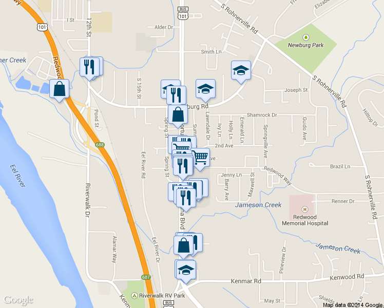 map of restaurants, bars, coffee shops, grocery stores, and more near 626 Summer St in Fortuna
