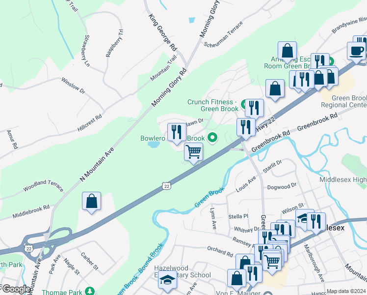 map of restaurants, bars, coffee shops, grocery stores, and more near 10 Dudley Court in Green Brook Township