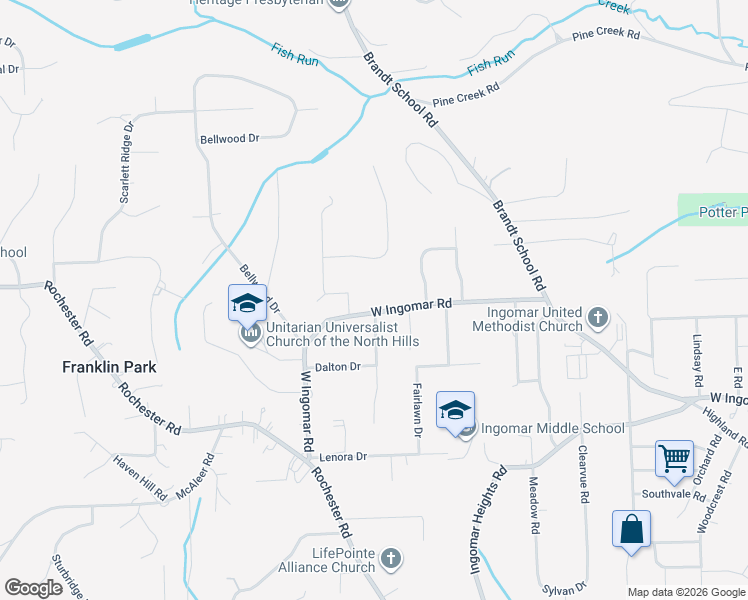 map of restaurants, bars, coffee shops, grocery stores, and more near 1544 West Ingomar Road in Pittsburgh
