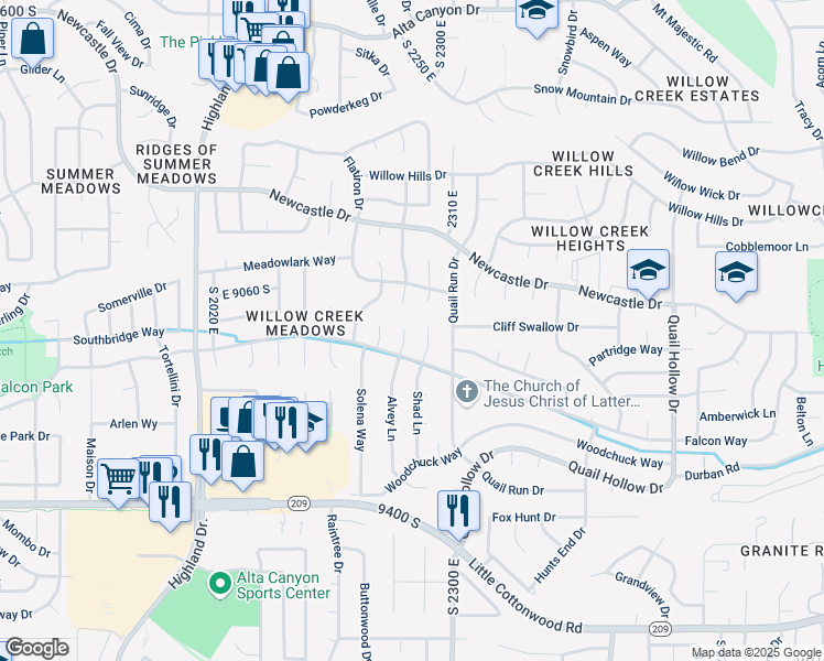 map of restaurants, bars, coffee shops, grocery stores, and more near 9123 Meadow Court in Sandy