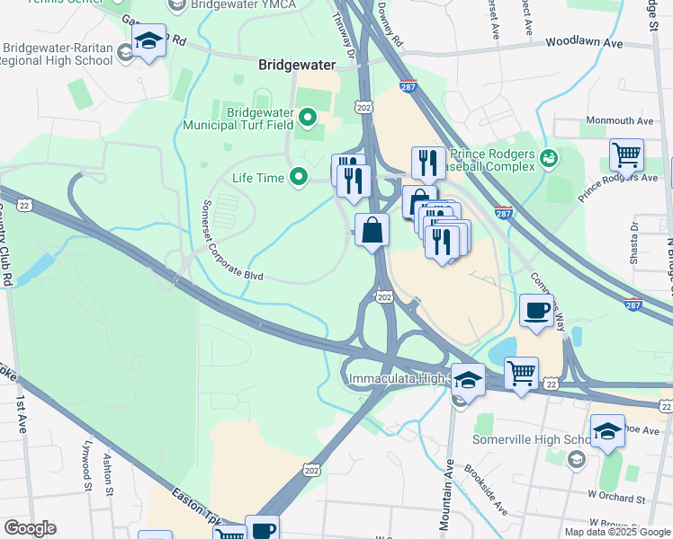 map of restaurants, bars, coffee shops, grocery stores, and more near 500 Somerset Corporate Boulevard in Bridgewater