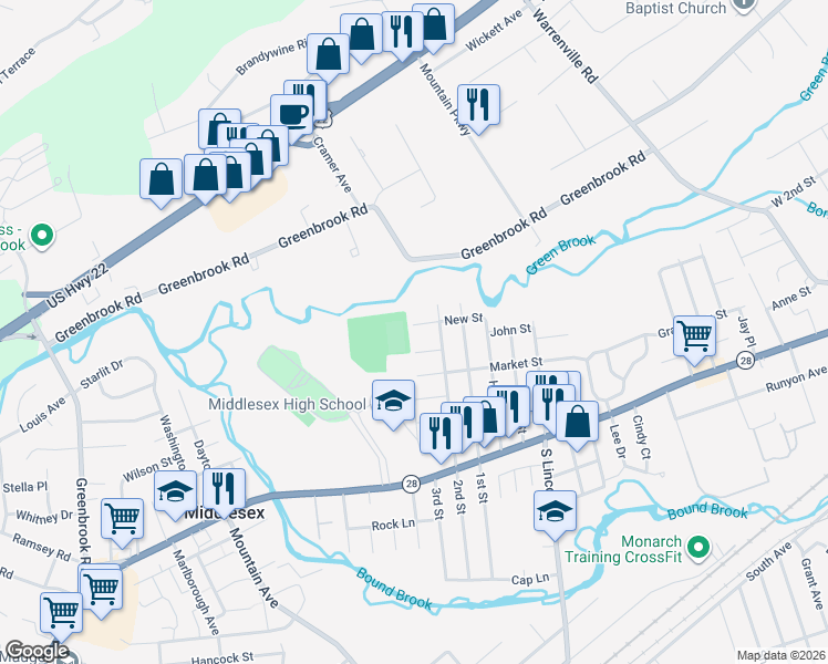 map of restaurants, bars, coffee shops, grocery stores, and more near 13 New Street in Middlesex