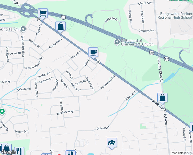 map of restaurants, bars, coffee shops, grocery stores, and more near 19 Stapleton Court in Bridgewater Township