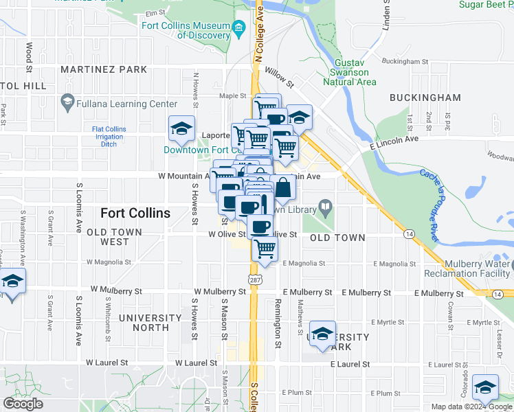 map of restaurants, bars, coffee shops, grocery stores, and more near 200 South College Avenue in Fort Collins