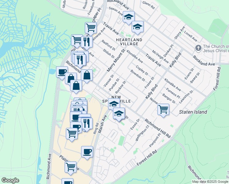 map of restaurants, bars, coffee shops, grocery stores, and more near 111 Rockne Street in Staten Island