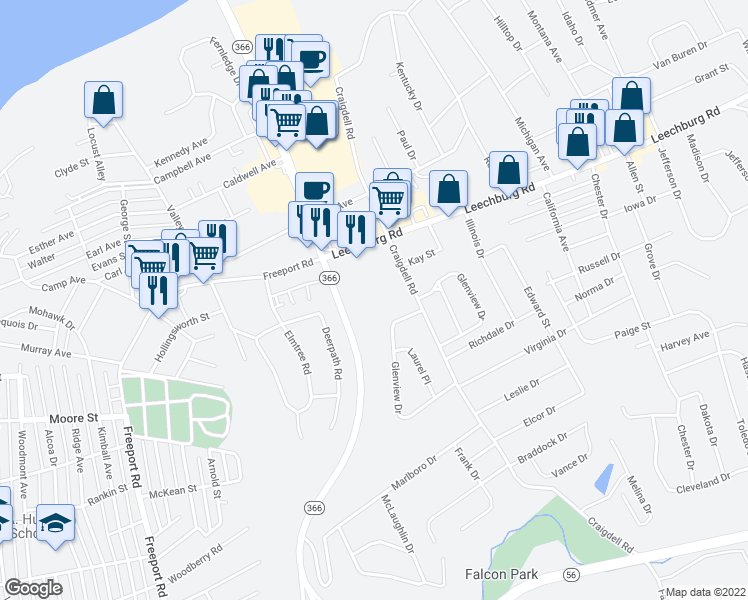 map of restaurants, bars, coffee shops, grocery stores, and more near 300 Craigdell Road in New Kensington