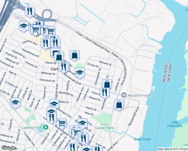 map of restaurants, bars, coffee shops, grocery stores, and more near 22 Grant Avenue in Carteret