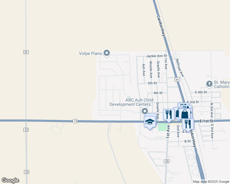 map of restaurants, bars, coffee shops, grocery stores, and more near 400 Cherokee Trail in Ault