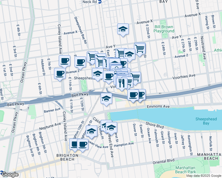 map of restaurants, bars, coffee shops, grocery stores, and more near 2700 East 16th Street in Brooklyn