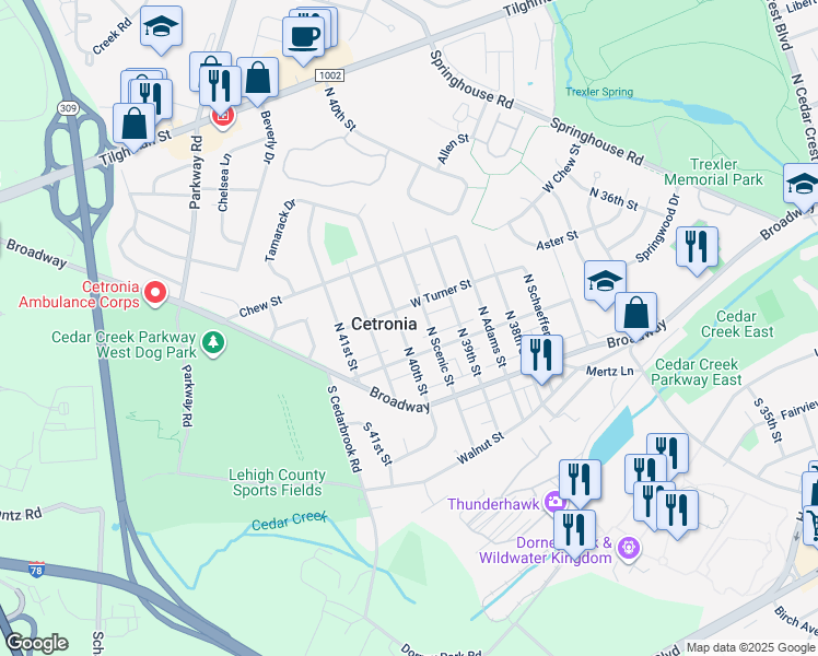 map of restaurants, bars, coffee shops, grocery stores, and more near 125 North 40th Street in Allentown