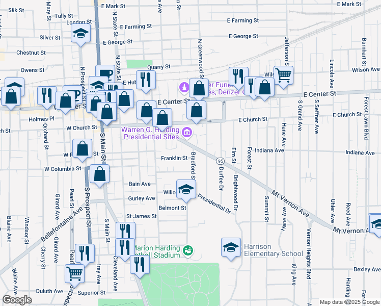 map of restaurants, bars, coffee shops, grocery stores, and more near 267 Bradford Street in Marion