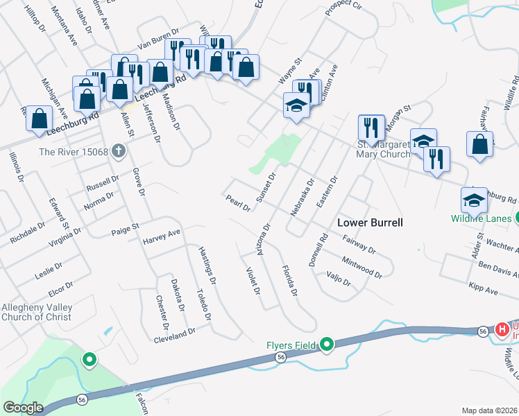 map of restaurants, bars, coffee shops, grocery stores, and more near 311 Sunset Drive in New Kensington