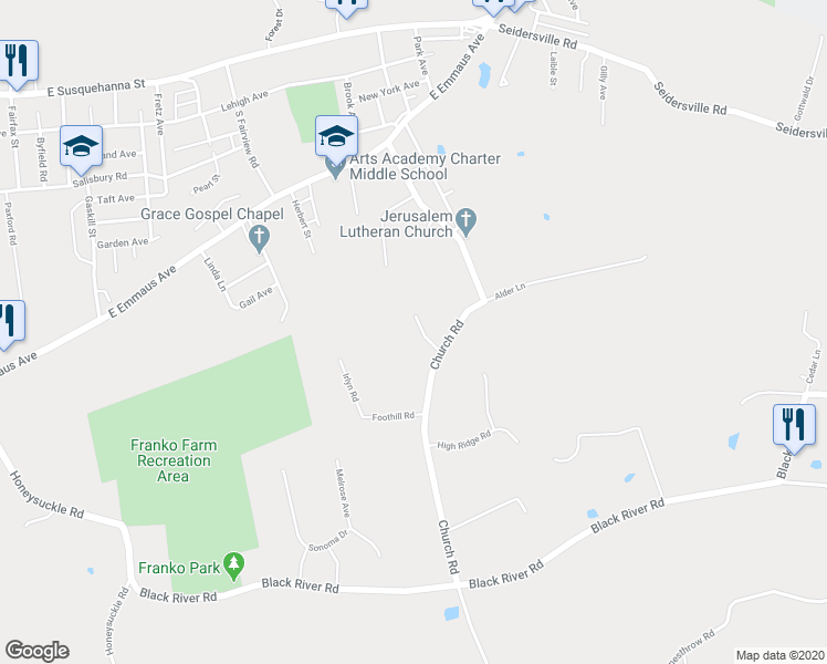 map of restaurants, bars, coffee shops, grocery stores, and more near 1930 Church Road in Bethlehem