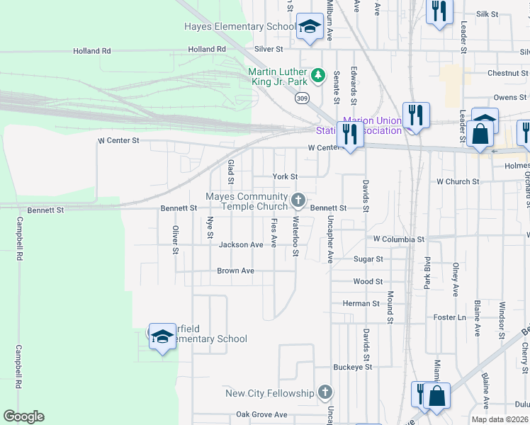 map of restaurants, bars, coffee shops, grocery stores, and more near 879 Bennett St in Marion