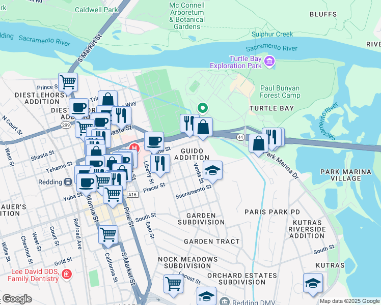 map of restaurants, bars, coffee shops, grocery stores, and more near 844 Yuba Street in Redding
