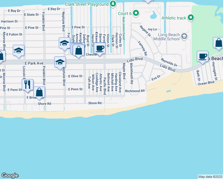 map of restaurants, bars, coffee shops, grocery stores, and more near 107 Harding Avenue in Long Beach