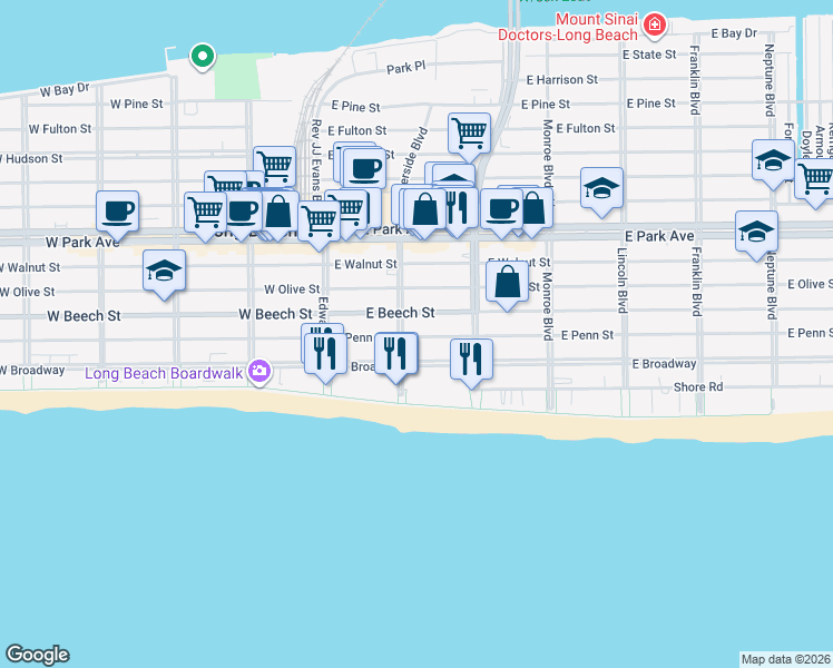 map of restaurants, bars, coffee shops, grocery stores, and more near 118 East Penn Street in Long Beach