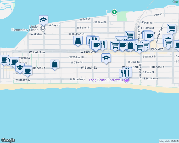 map of restaurants, bars, coffee shops, grocery stores, and more near 204 Laurelton Boulevard in Long Beach