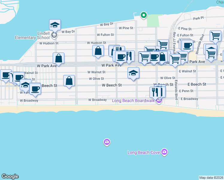 map of restaurants, bars, coffee shops, grocery stores, and more near 339 West Penn Street in Long Beach