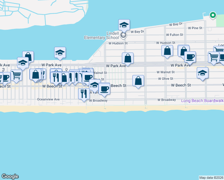 map of restaurants, bars, coffee shops, grocery stores, and more near 645 West Penn Street in Long Beach