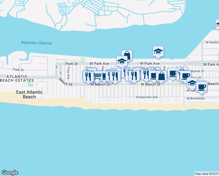 map of restaurants, bars, coffee shops, grocery stores, and more near 44 Georgia Avenue in Long Beach