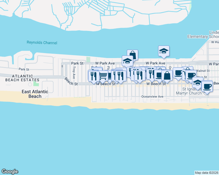 map of restaurants, bars, coffee shops, grocery stores, and more near 44 Georgia Avenue in Long Beach