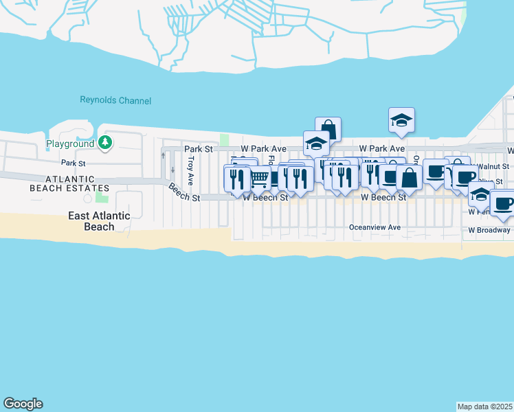 map of restaurants, bars, coffee shops, grocery stores, and more near 45 Connecticut Avenue in Long Beach