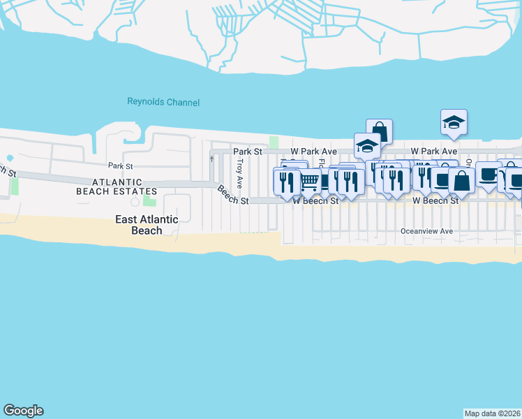 map of restaurants, bars, coffee shops, grocery stores, and more near 44 Rochester Avenue in East Atlantic Beach