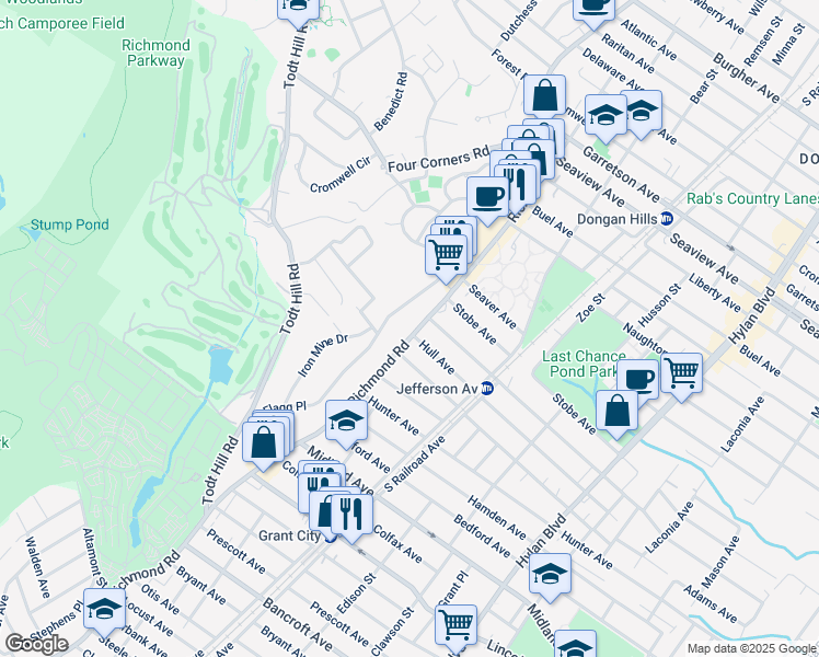 map of restaurants, bars, coffee shops, grocery stores, and more near 1847 Richmond Road in Staten Island