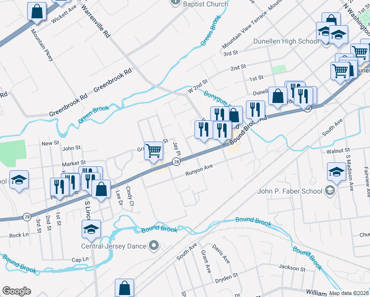 map of restaurants, bars, coffee shops, grocery stores, and more near 117 Jay Place in Middlesex